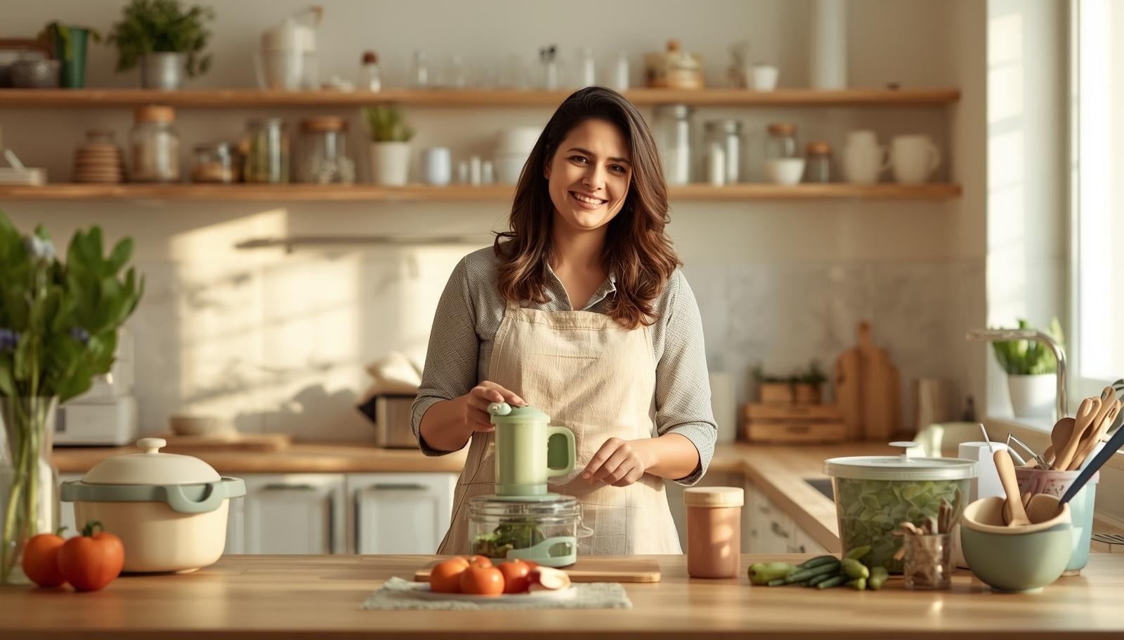 Woman in a kitchen preparing food, holding a green mug.